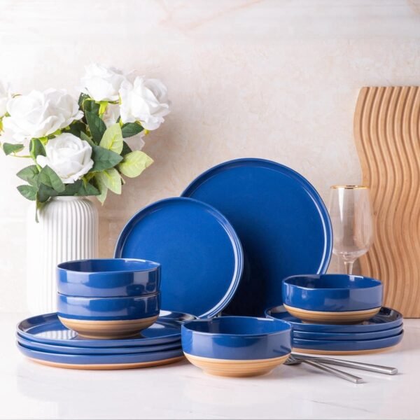 Stoneware Dinnerware Sets for 4, 12 Pieces Handpainted Plates and Bowls Set with Wavy Rim, Chip and Scratch Resistant Dishes set, Dishwasher & Microwave Safe, Royal Blue