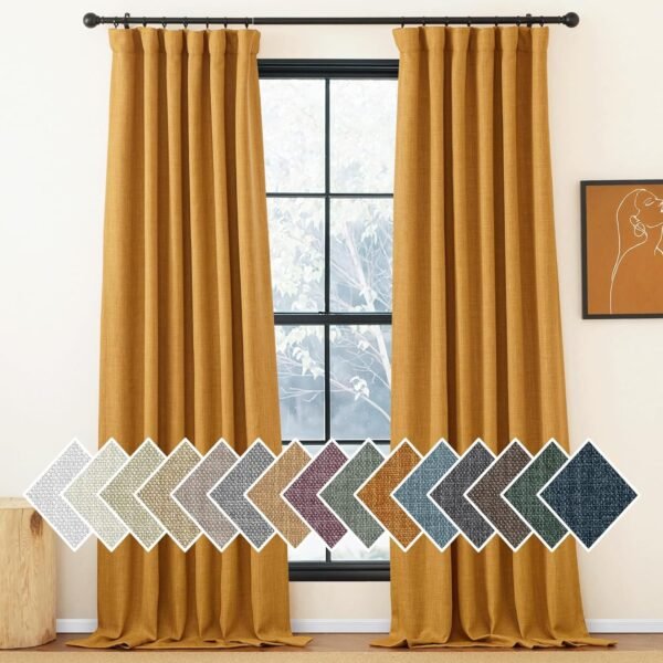 Faux Linen Curtains 90 inches Long for Doorway, Pinch Pleated Thick Room Darkening Window Treatments Noise Reducing Privacy for Living Room/Bedroom, Natural, W34 x L90, 2 Panels