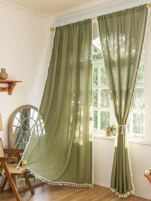 Curtains 63 Inches Long, Bohemian Linen Style Textured Curtains with Tassels for Bedroom, Semi Blackout Farmhouse Drapes, Rod Pocket Window Treatments 2 Panels, 52" x 63", Olive Green