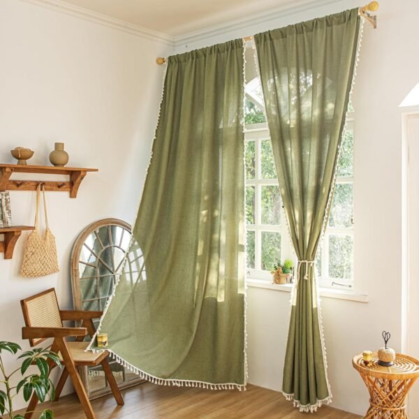 Curtains 63 Inches Long, Bohemian Linen Style Textured Curtains with Tassels for Bedroom, Semi Blackout Farmhouse Drapes, Rod Pocket Window Treatments 2 Panels, 52" x 63", Olive Green