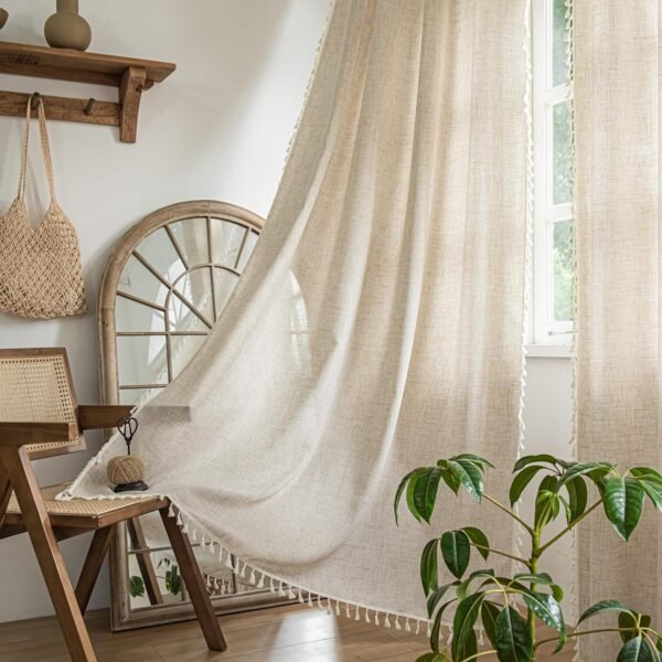 Curtains 63 Inches Long, Bohemian Linen Style Textured Curtains with Tassels for Bedroom, Semi Blackout Farmhouse Drapes, Rod Pocket Window Treatments 2 Panels, 52" x 63", Olive Green