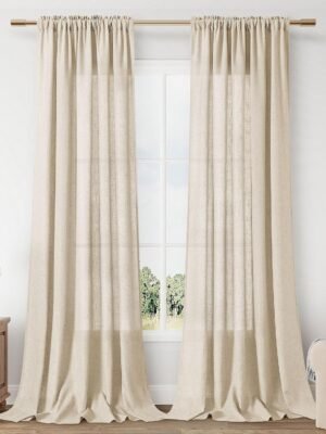 Linen Curtains 108 Inch Length for Living Room Bedroom 2 Panels Set Rod Pocket Light Filtering Semi Sheer Window Curtains 40 Inch Width Boho Farmhouse Linen Drapes Flax Beige Linen, W40xL108