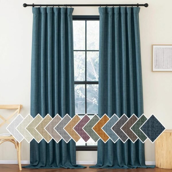 Faux Linen Curtains 90 inches Long for Doorway, Pinch Pleated Thick Room Darkening Window Treatments Noise Reducing Privacy for Living Room/Bedroom, Natural, W34 x L90, 2 Panels