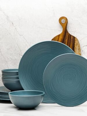 12 Piece Melamine Dinnerware Set - Durable, Dishwasher Safe Plates and Bowls - Casual Dining, Parties, Blue Dish Set Organica Blue Collection
