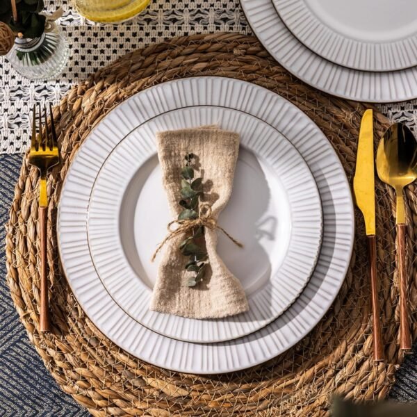 Ceramic Dinnerware Sets, Embossed White Stoneware Plates and Bowls Sets, Housewarming Wedding Gift | Dishwasher & Microwave Safe | Dishes Set Service for 4