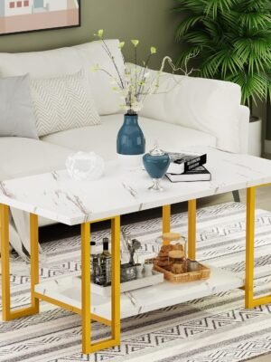 Marble Coffee Table, Faux Marble Top Rectangular Coffee Table with Gold Metal Frame, 2 Tier Living Room Table for Living Room, Office, Balcony, 40 Inch, White and Gold