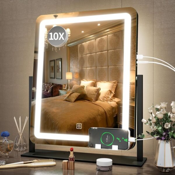Vanity Mirror with Lights - 15"x12.6" LED Lighted Makeup Mirror, Large Makeup Mirror with Lights, Touch Screen with 3-Color Lighting, Dimmable, for Vanity Desk Tabletop, Bedroom