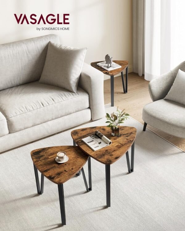 Nesting Coffee Tables, End Tables Set of 2 for Living Room Bedroom, Industrial Small Stacking Side Tables with Metal Frame for Couch, Rustic Brown and Black ULET013B01