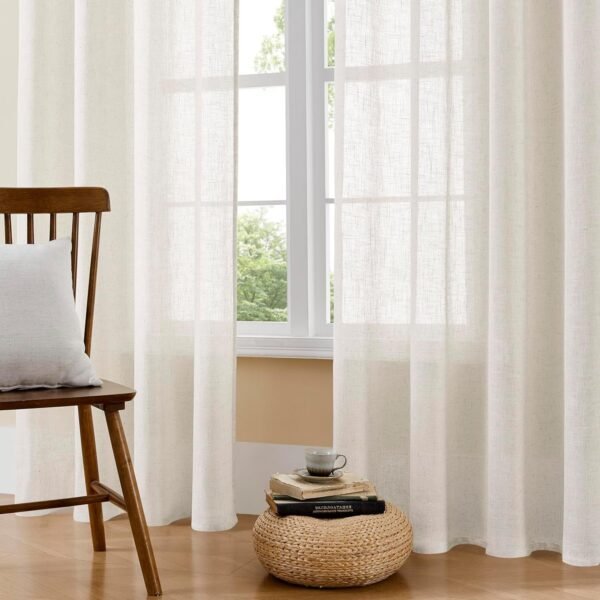 Linen Curtains for Living Room,Semi-Sheer Curtains 90 Inches Long,Living Room Curtains 2 Panel Sets,White Curtains Pinch Pleated Curtains & Drapes(W52 x L90 Inch, Off-White)