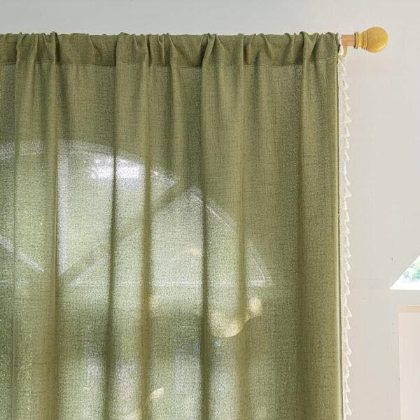 Curtains 63 Inches Long, Bohemian Linen Style Textured Curtains with Tassels for Bedroom, Semi Blackout Farmhouse Drapes, Rod Pocket Window Treatments 2 Panels, 52" x 63", Olive Green