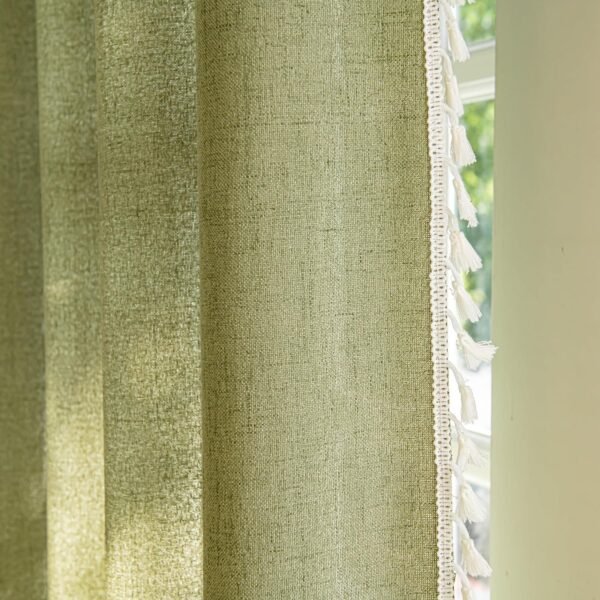Curtains 63 Inches Long, Bohemian Linen Style Textured Curtains with Tassels for Bedroom, Semi Blackout Farmhouse Drapes, Rod Pocket Window Treatments 2 Panels, 52" x 63", Olive Green