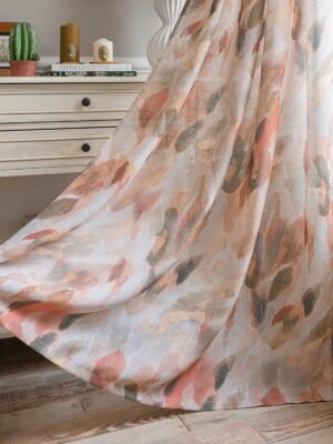 Curtains for Living Room Linen Curtains 84 inches Length Light Filtering Privacy Protect Drapes Set Natural Soft Touch Leaves Pattern Window Treatment, 52" Wide, Coral and Orange, 2 Panels