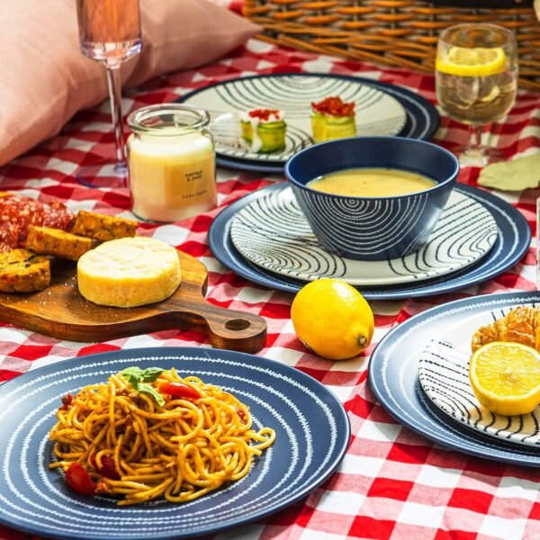 12 Piece Melamine Dinnerware Set - Durable, Dishwasher Safe Blue Plates and Bowls - Dining, Parties, Camping Dish Set Blue Planet Collection