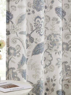 Backtab Rod Pocket Jacobean Floral Semi Sheer Curtains Boho Botanical Leaf Printed Vintage Farmhouse Blue Grey Light Filtering Window Treatment Sets Living Room Bedroom,52"x84",2 Panels