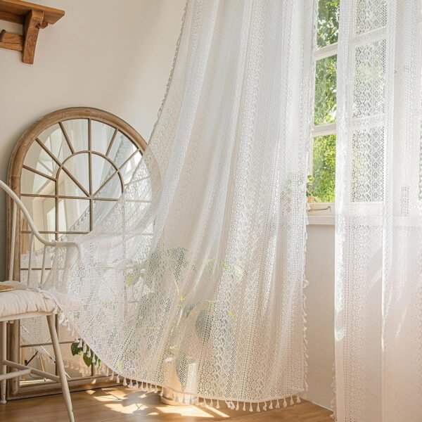 Curtains 63 Inches Long, Bohemian Linen Style Textured Curtains with Tassels for Bedroom, Semi Blackout Farmhouse Drapes, Rod Pocket Window Treatments 2 Panels, 52" x 63", Olive Green