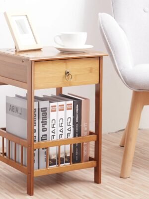 Bamboo Bedside Table with Drawer Bedroom Nightstand Plant Storage Shelving Unit
