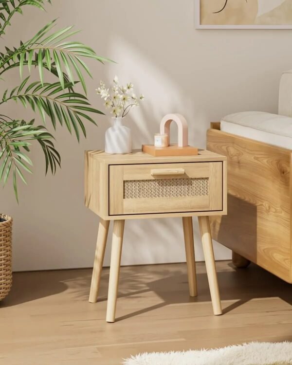Bedroom Nightstands Wooden Night Stands with Rattan Weaving Drawer Home Bedside End Table for  Storage