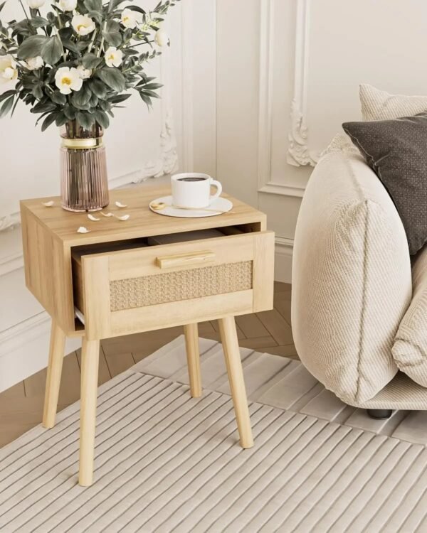Bedroom Nightstands Wooden Night Stands with Rattan Weaving Drawer Home Bedside End Table for  Storage