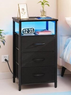 Black Night Stand with LED Lights&Charging Station, End Bedside Table with 3 Drawers, USB Ports and Outlets for Bedroom Living
