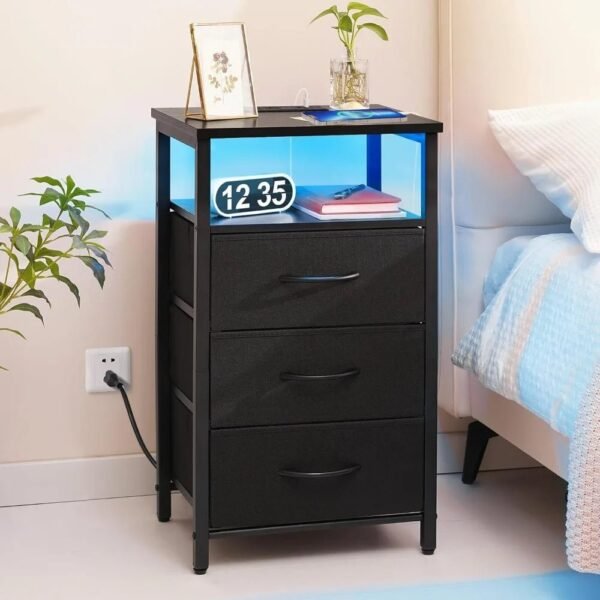 Black Night Stand with LED Lights&Charging Station, End Bedside Table with 3 Drawers, USB Ports and Outlets for Bedroom Living