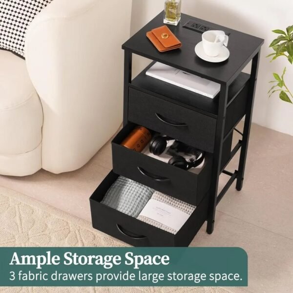 Black Night Stand with LED Lights&Charging Station, End Bedside Table with 3 Drawers, USB Ports and Outlets for Bedroom Living