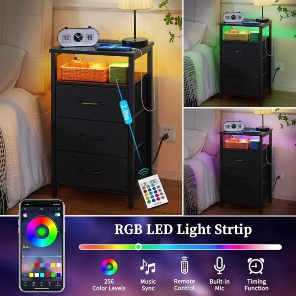 Black Night Stand with LED Lights&Charging Station, End Bedside Table with 3 Drawers, USB Ports and Outlets for Bedroom Living