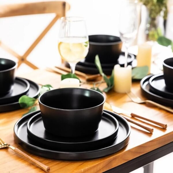 Ceramic Dinnerware Sets of 4, Modern Flat Stoneware Plates and Bowls Sets,Chip and Crack Resistant | Dishwasher & Microwave Safe