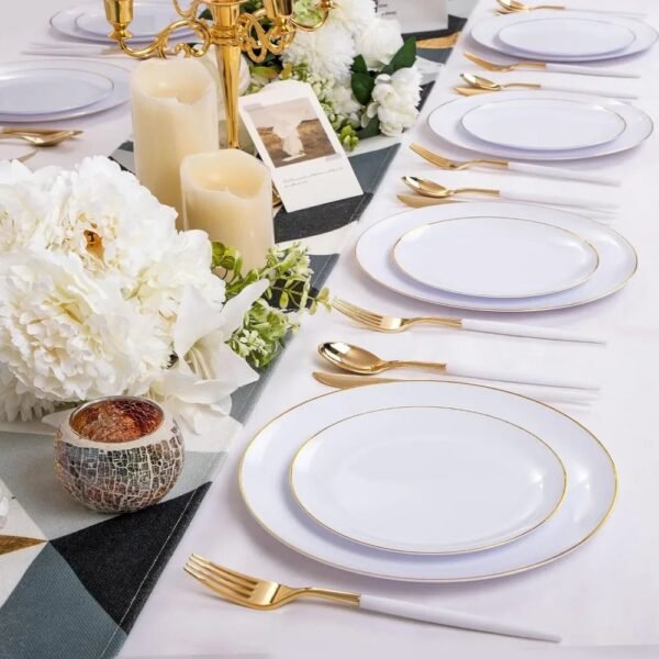 Gold Plastic Plates with Disposable Silverware, Gold Cutlery with White Handle