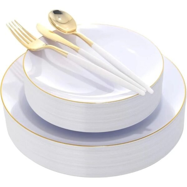 Gold Plastic Plates with Disposable Silverware, Gold Cutlery with White Handle