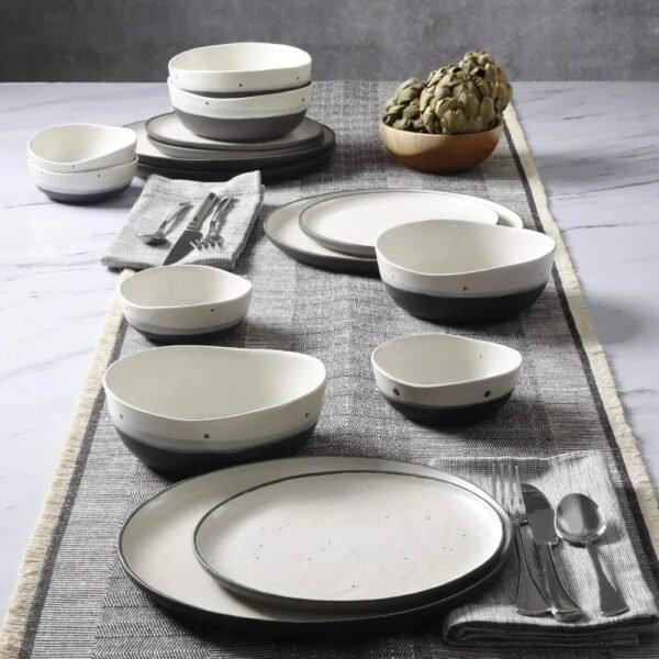 Double Bowl Dinnerware Set, Service for 4 (16pcs), White and Black