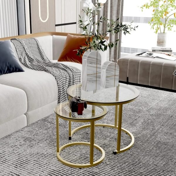 Gold Nesting Coffee Table Set of 2, Small Glass Round Nesting Tables for Living Room Bedroom, Accent Tea Table with Metal Frame