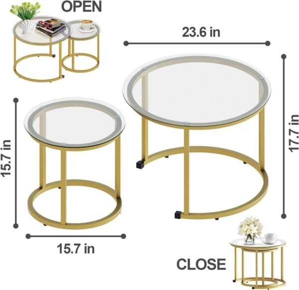 Gold Nesting Coffee Table Set of 2, Small Glass Round Nesting Tables for Living Room Bedroom, Accent Tea Table with Metal Frame