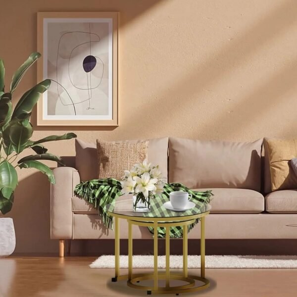 Gold Nesting Coffee Table Set of 2, Small Glass Round Nesting Tables for Living Room Bedroom, Accent Tea Table with Metal Frame