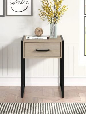 Industrial Bedroom Nightstand, 1 Drawer, Beige Oak