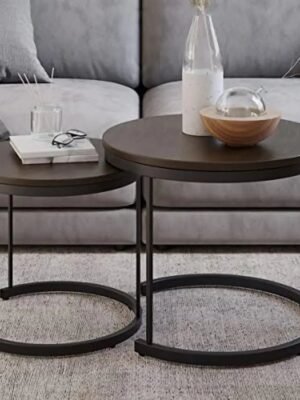 Industrial Woodgrain Round Coffee Table Set Nesting End Tables Living Room Office Craft Display Snack Plate Spot Brown Walnut