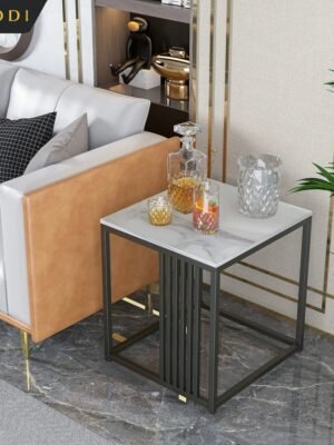 Square End Table White Marble Sofa Corner Side Bedside Table with Gold n Black Legs