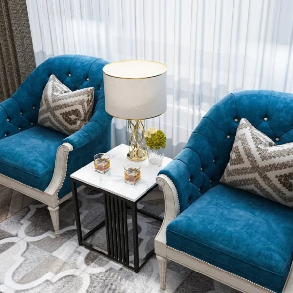 Square End Table White Marble Sofa Corner Side Bedside Table with Gold n Black Legs