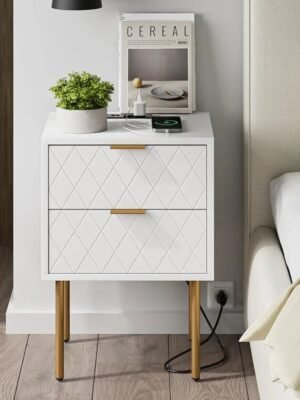 Nightstand,Mid-Century Modern Bedside Table with 2 Storage Drawer,Small Gold Frame Side End Table for Bedroom,Living Room