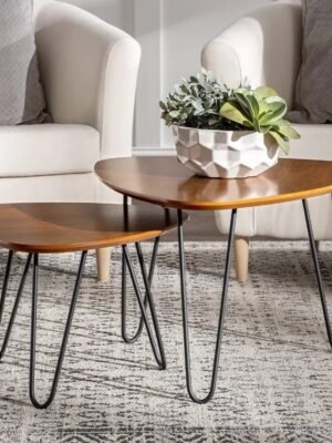 Mid Century Modern Hairpin Coffee Table Set Living Room Accent Ottoman Storage Shelf, Set Of 2, Walnut