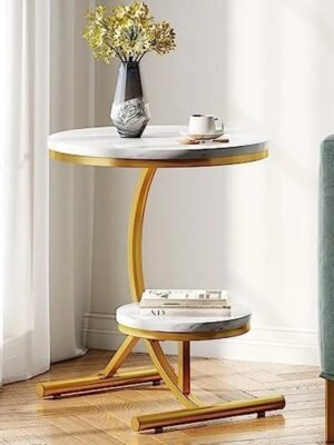 Modern 2-Tier Round End Table with Storage Shelf Faux Marble Top Gold C-Shaped Legs Sofa Side Table