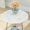 Modern Faux Marble End Table with Dual-Layer Storage Small Coffee Accent Table Living Room White and Gold Hairpin Legs Sturdy