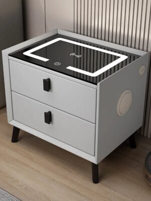 Modern Style Intelligent Bedside Table 2 Drawers Faux Leather Nightstands with Wireless Charging Bluetooth Speaker Side Cabinet