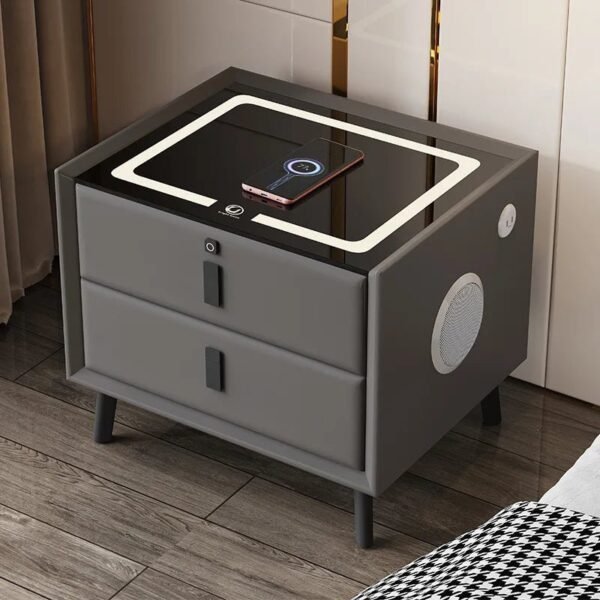 Modern Style Intelligent Bedside Table 2 Drawers Faux Leather Nightstands with Wireless Charging Bluetooth Speaker Side Cabinet