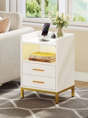 Night Stand with LED Lights and Charging Station, End Bedside Table with 2 Drawers, Open Storage, USB Ports and Outlets