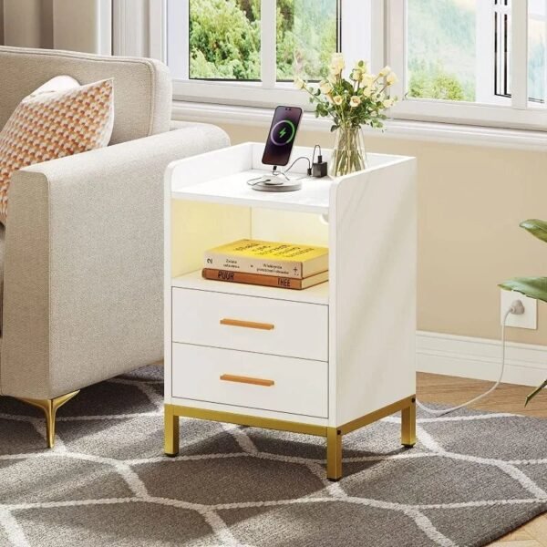 Night Stand with LED Lights and Charging Station, End Bedside Table with 2 Drawers, Open Storage, USB Ports and Outlets
