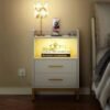 Night Stand with LED Lights and Charging Station, End Bedside Table with 2 Drawers, Open Storage, USB Ports and Outlets