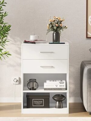 Nightstand with Charging Station, 2 Drawers Bedside Table with USB Port and Outlets,  Storage Shelves with Sliding Drawer
