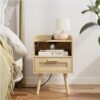 Nightstand with Charging Station,Bedside Table with PE Rattan Decor Drawer,Rattan Night Stand with Solid Wood Legs