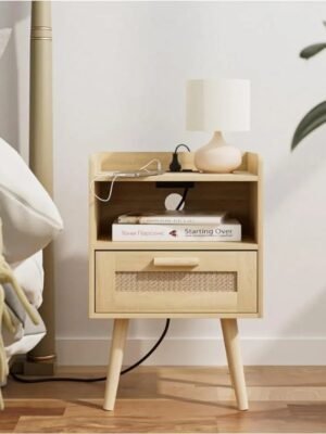 Nightstand with Charging Station,Bedside Table with PE Rattan Decor Drawer,Rattan Night Stand with Solid Wood Legs