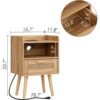 Nightstand with Charging Station,Bedside Table with PE Rattan Decor Drawer,Rattan Night Stand with Solid Wood Legs